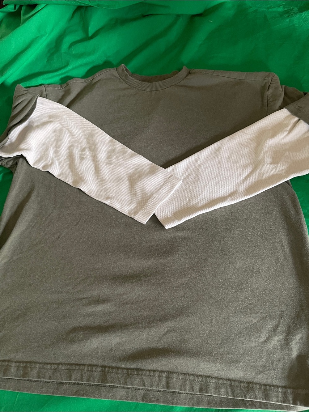 Abercrombie & Fitch Olive Green Long-Sleeve Shirt with White Layered Sleeves